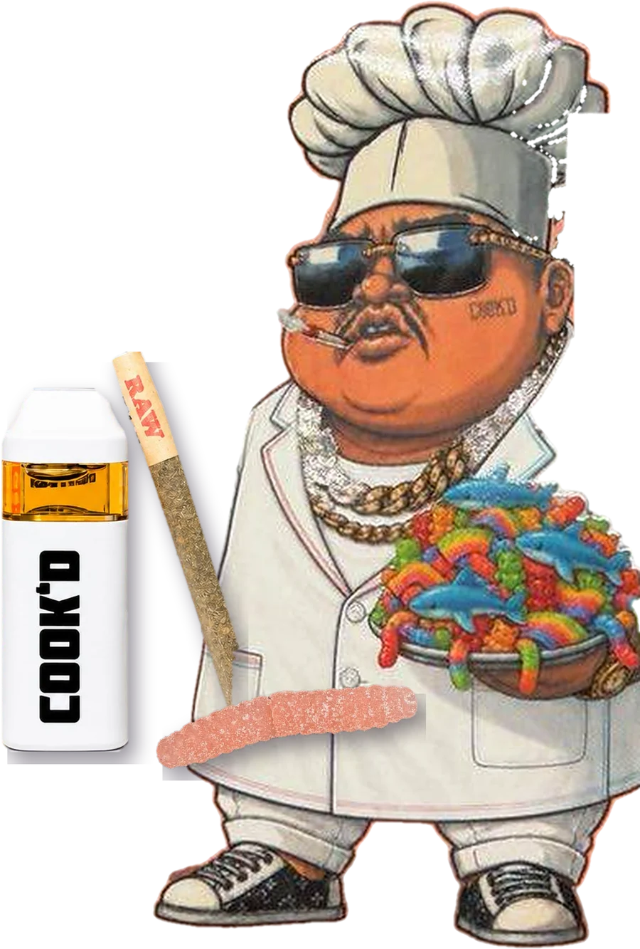 The Cook'd chef with a joint in his mouth, holding the 2G vape and candy